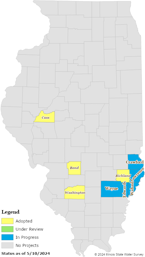 Illinois map with adopted, under review, and in progress counties highlighted