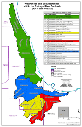 colored areas of Chicago River watershed